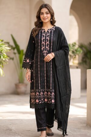 Women’s Pakistani Black Embroidered Kurta Pant Set with Dupatta