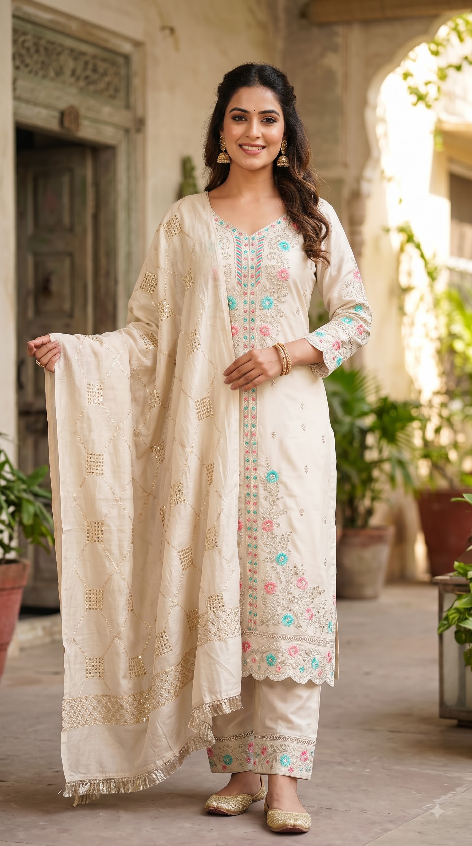 Women’s Pakistani Mint Green Embroidered Kurta Pant Set with Dupatta - Image 2