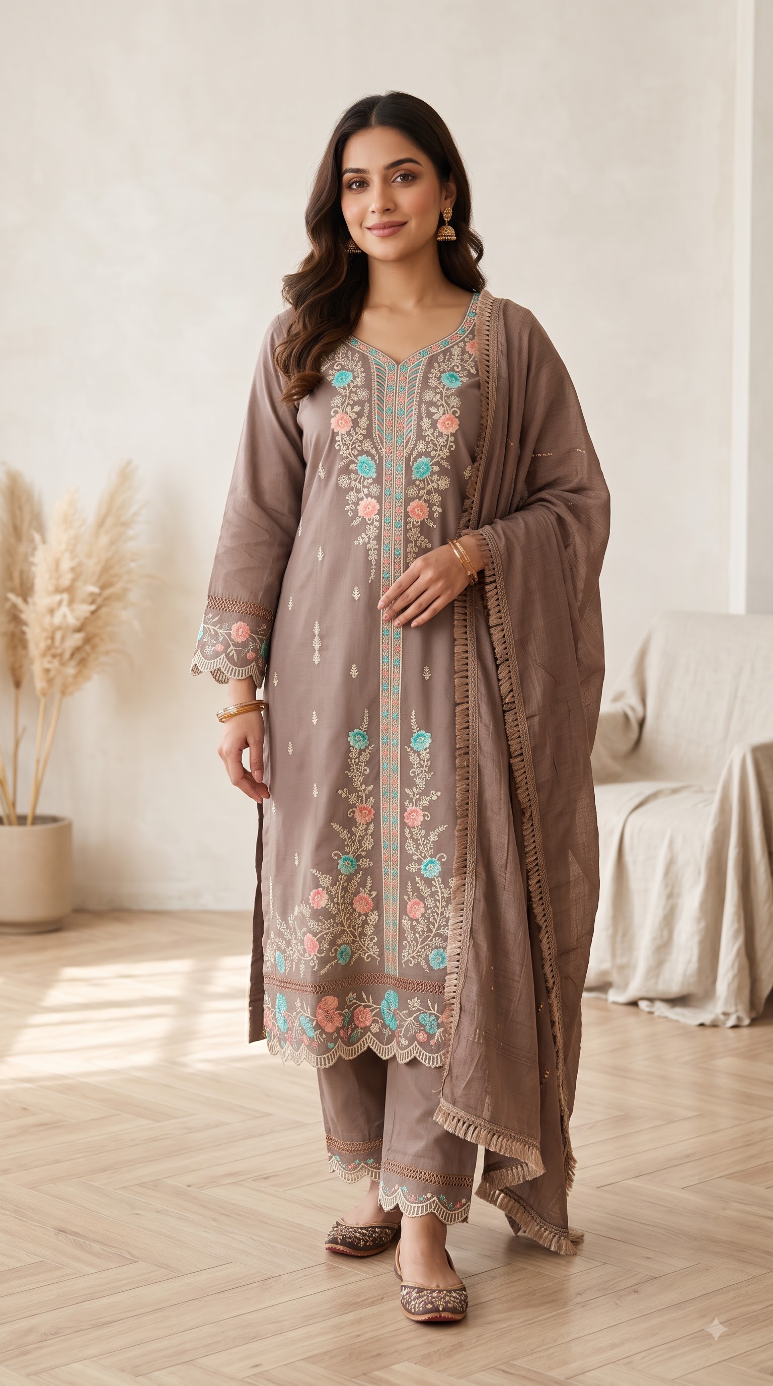 Women’s Pakistani Mint Green Embroidered Kurta Pant Set with Dupatta - Image 3