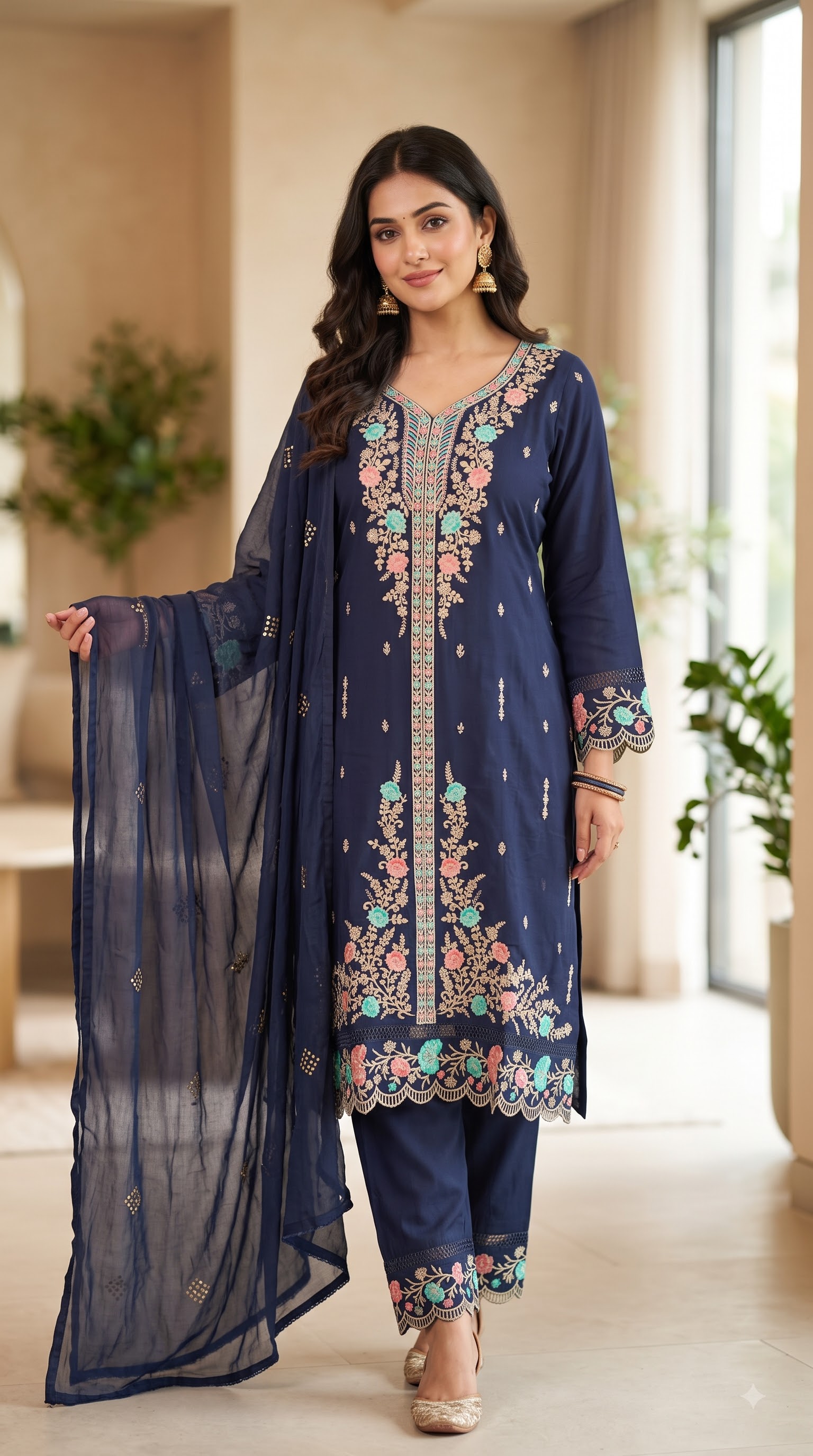 Women’s Pakistani Mint Green Embroidered Kurta Pant Set with Dupatta - Image 4