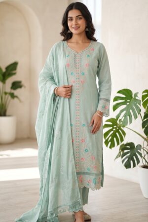 Women’s Pakistani Mint Green Embroidered Kurta Pant Set with Dupatta