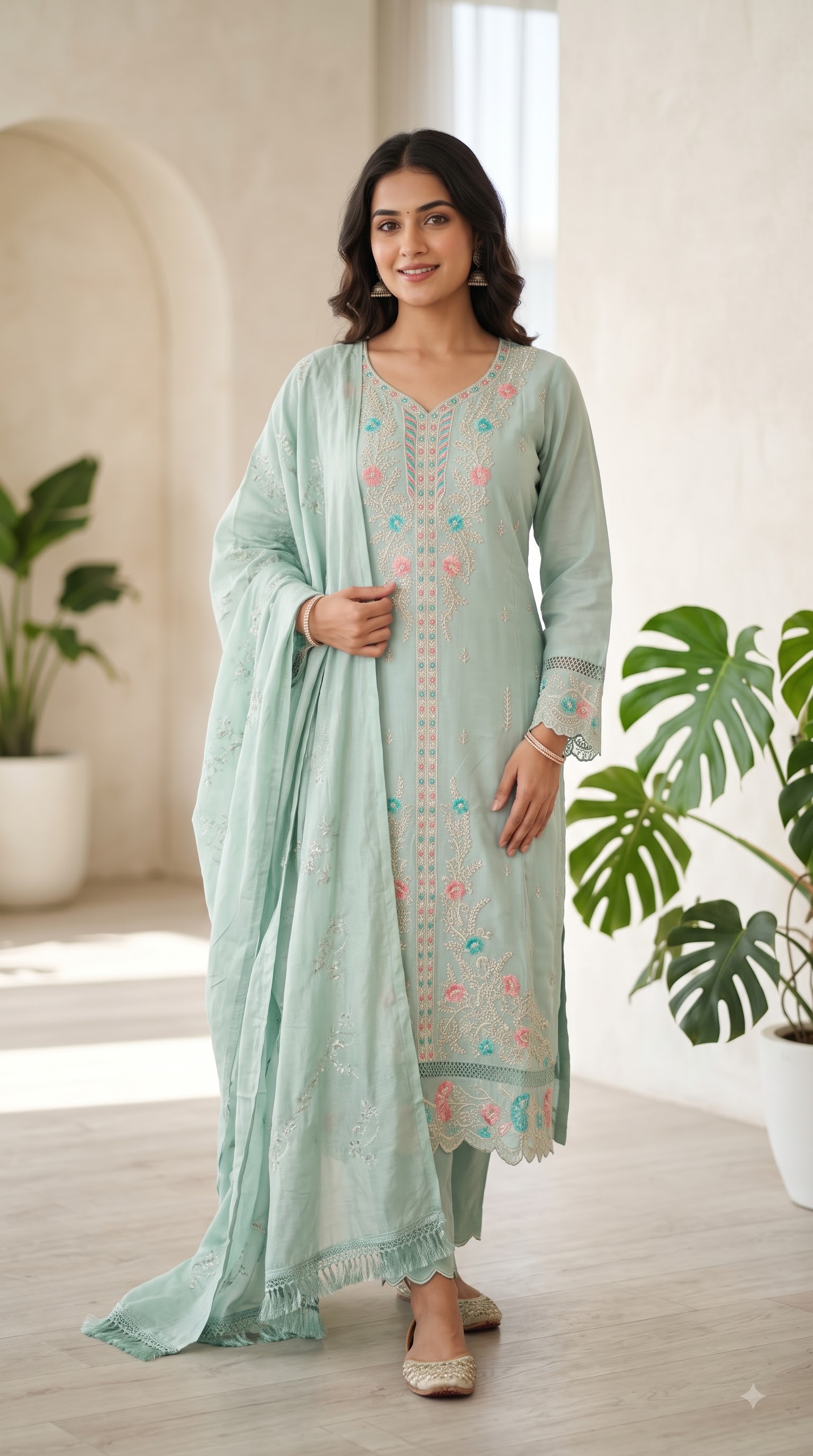 Women’s Pakistani Mint Green Embroidered Kurta Pant Set with Dupatta