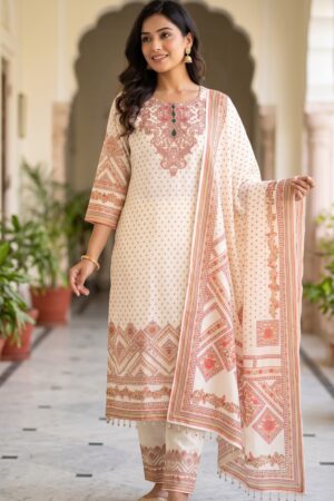 Women’s Cream Printed Kurta Pant Set with Matching Dupatta