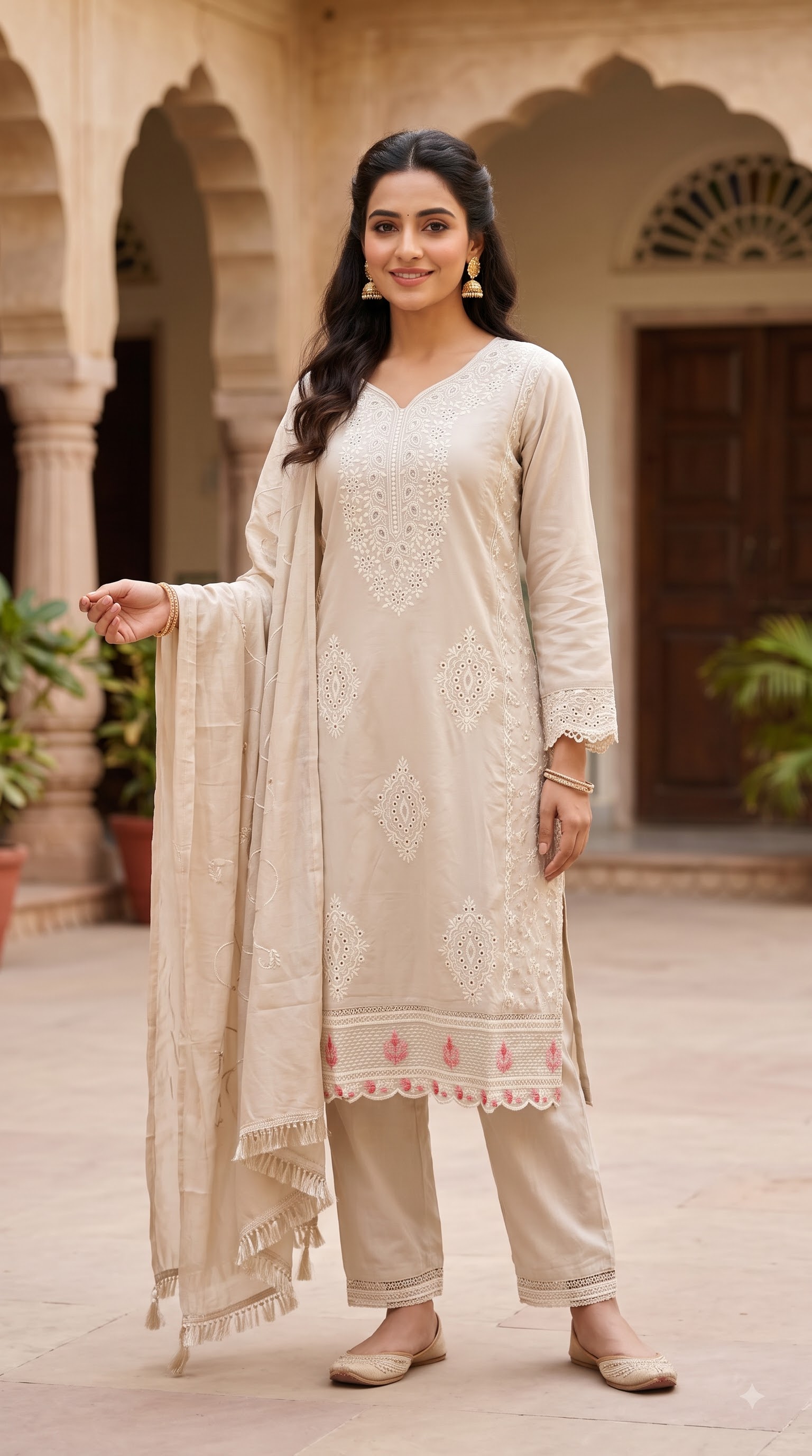 Women’s Wine Purple Embroidered Kurta Pant Set with Dupatta - Image 3
