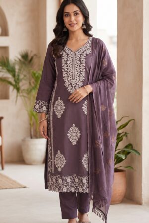 Women’s Wine Purple Embroidered Kurta Pant Set with Dupatta