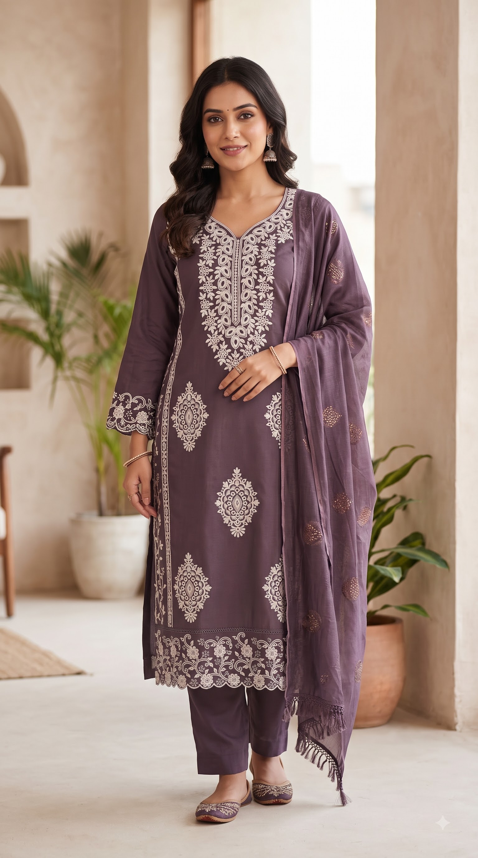Women’s Wine Purple Embroidered Kurta Pant Set with Dupatta