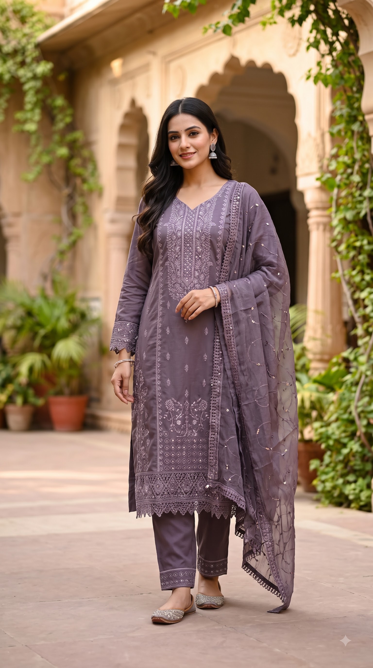 Women’s Pakistani Lavender Embroidered Kurta Pant Set with Dupatta