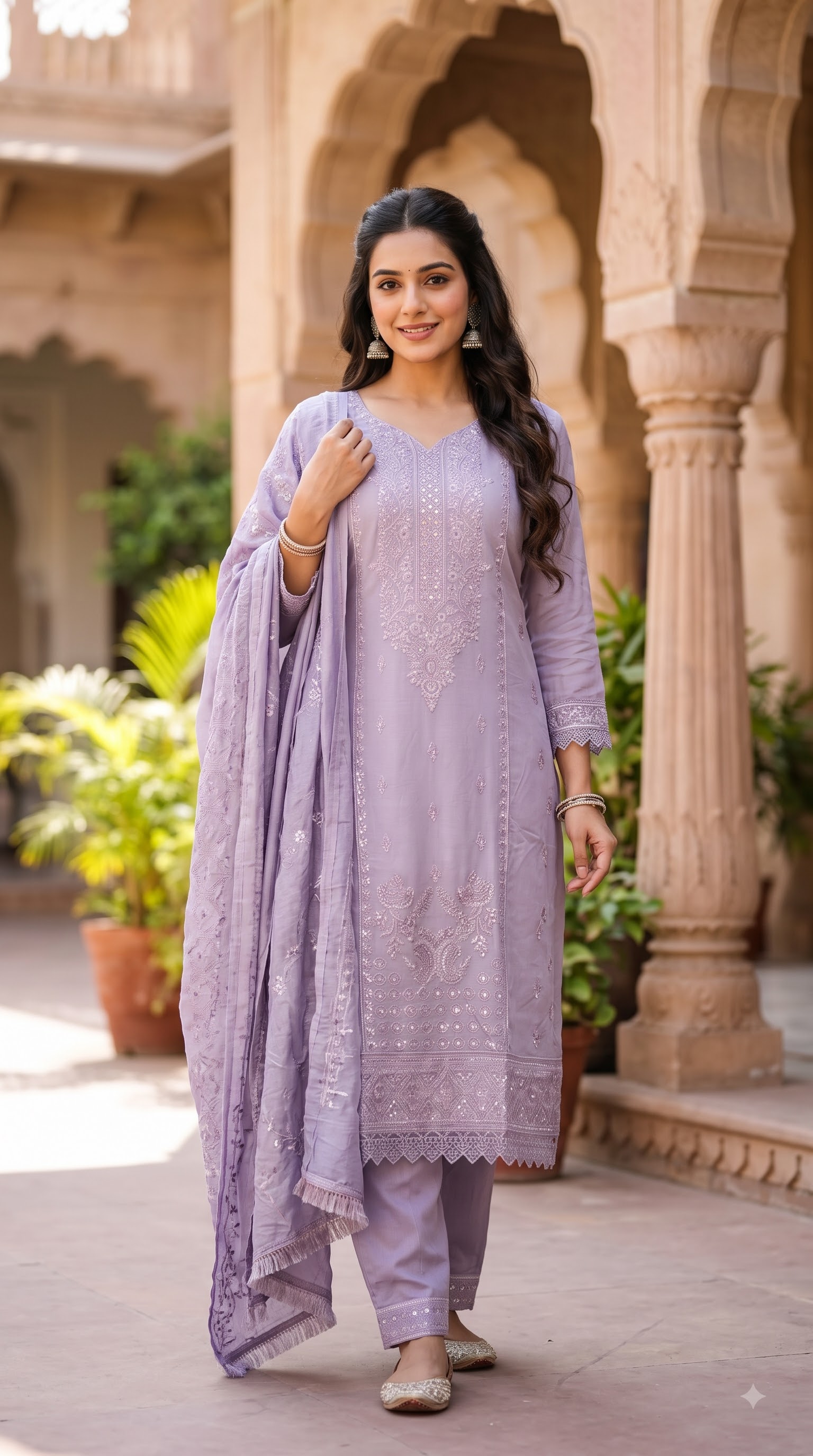 Women’s Pakistani Lavender Embroidered Kurta Pant Set with Dupatta - Image 2