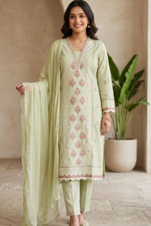 Women’s Pastel Green Embroidered Kurta Set with Matching Pants and Dupatta