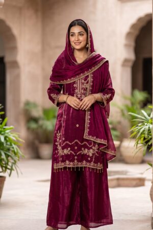 Women’s Wine Maroon Embroidered Velvet-Look Kurta Palazzo Set with Dupatta