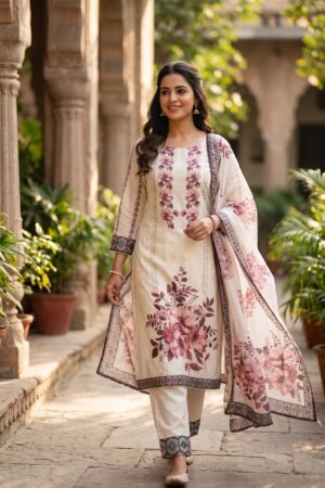 Pakistani Women’s Cream Floral Printed Straight Kurta Set with Matching Dupatta